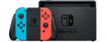Console Nintendo Switch avec manettes Joy-Con de couleur rouge et bleue.